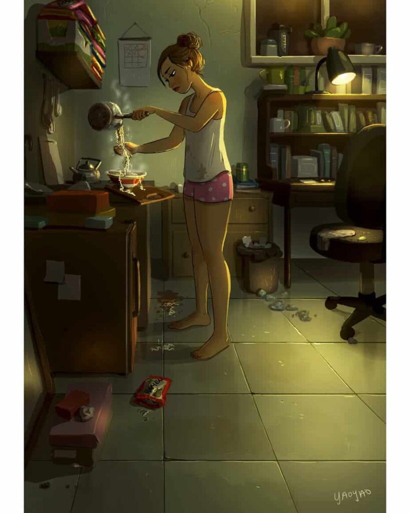 An illustration of a disheveled room and a woman in her pajamas pouring noodles into a bowl.